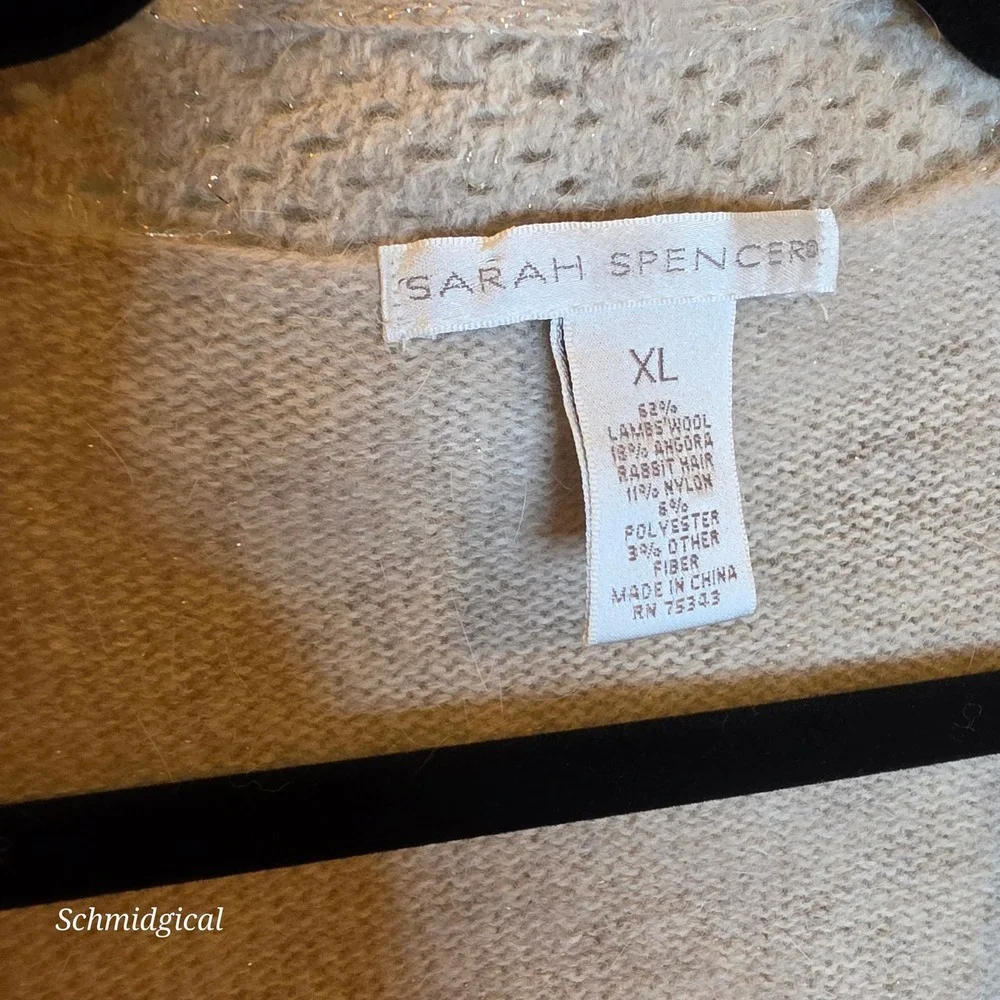Sarah Spencer Lambswool Angora Belted Cardigan Sweater Beige Metallic XL